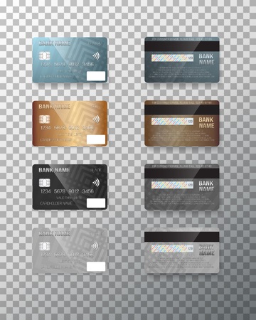 Illustration of Credit Card Set. Realistic Bank Cards Isolated on Transparent Backgroundのイラスト素材