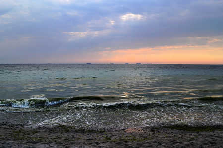 Landscape beach, sea, sunset, cloud sky. Beauty horizon view.の写真素材