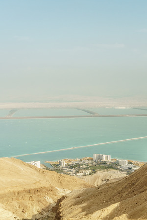 Landscape view on dead sea from desert cliff in Israel.の写真素材