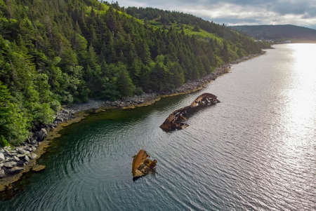 The wreck of the S.S. Ilex sits in shallow water near Fermeuse, Newfoundland.の写真素材