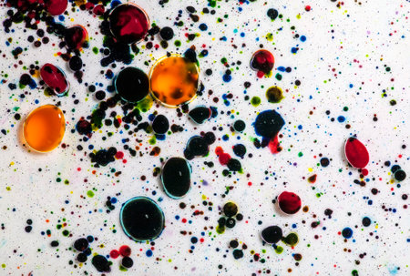 Multicolored paint dye splattered into shallow water creates a colorful and interesting pattern.の写真素材