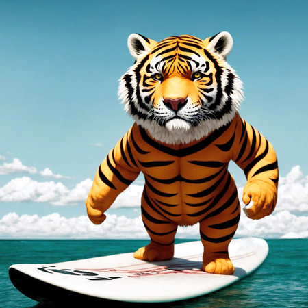 Portrait of a tiger standing on a suftboard in the ocean.の素材
