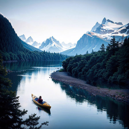 Scenic view of a single kayaker on a river.の素材