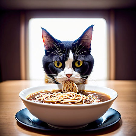 Portrait of a cat slurping ramen noodles out of a large bowl.の素材
