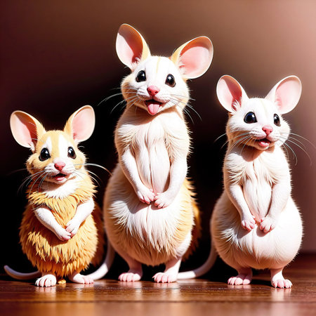 A trio of smiling mice standing up.の素材