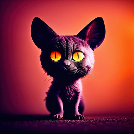 Black cat with large yellow eyes sitting against a red background.の素材