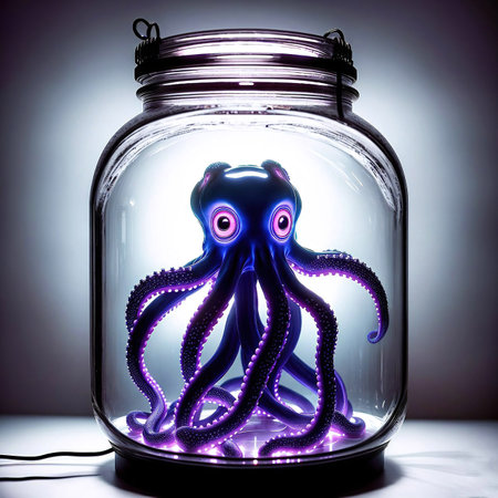 A purple octopus-like creature in a glass jar.の素材