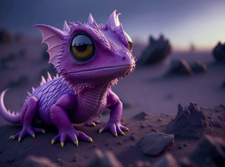 A cute lavender pink baby dragon with big eyes, in a volcanic wasteland Created with Generative AI.の素材