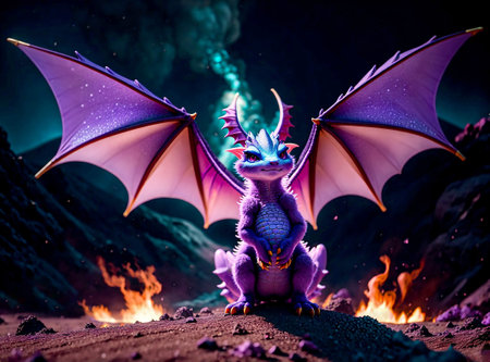 A cute pastel purple baby dragon with big eyes, in a volcanic wasteland Created with Generative AI.の素材