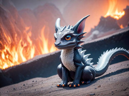 A cute slate gray baby dragon with big eyes, in a volcanic wasteland Created with Generative AI.の素材