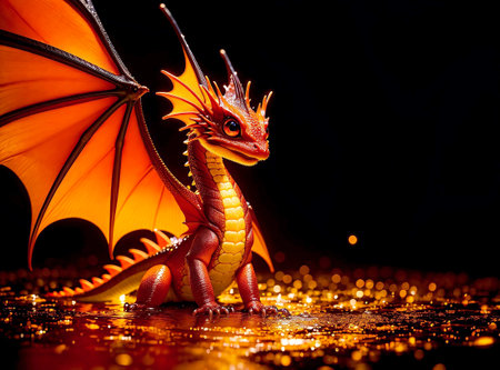 A cute tangerine baby dragon with big eyes, by a rippling stream under a starlit sky. Created with Generative AI.の素材