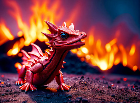 A cute bright red baby dragon with big eyes, in a volcanic wasteland Created with Generative AI.の素材