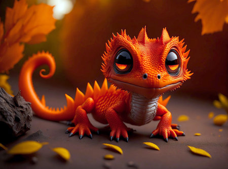 A cute orange-red baby dragon with big eyes, in a magical fantasy forest Created with Generative AI.の素材
