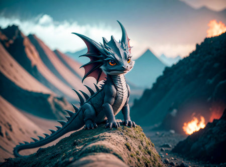 A cute slate gray baby dragon with big eyes, in a volcanic wasteland Created with Generative AI.の素材