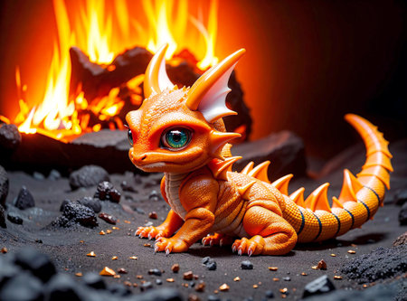 A cute butterscotch baby dragon with big eyes, in a volcanic wasteland Created with Generative AI.の素材