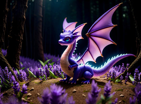 A cute lavender baby dragon with big eyes, in a magical fantasy forest Created with Generative AI.の素材
