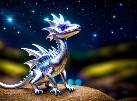 A cute silver baby dragon with big eyes, by a rippling stream under a starlit sky. Created with Generative AI.の素材