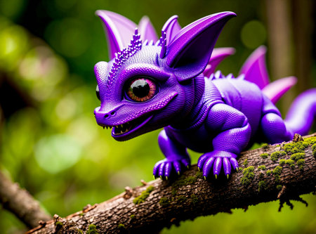 A cute wine purple baby dragon with big eyes, in a magical fantasy forest Created with Generative AI.の素材