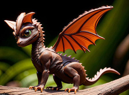 A cute mahogany baby dragon with big eyes, in a magical fantasy forest Created with Generative AI.の素材
