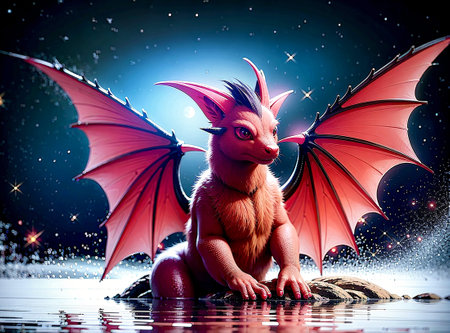 A cute burgundy baby dragon with big eyes, by a rippling stream under a starlit sky. Created with Generative AI.の素材