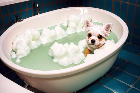 An adorable puppy is taking a bath in a porcelain bath tub. Created with Generative AI.の素材