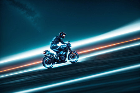 Artwork of a speeding futuristic motorcycle with a neon aesthetic. Created with Generative AI.の素材