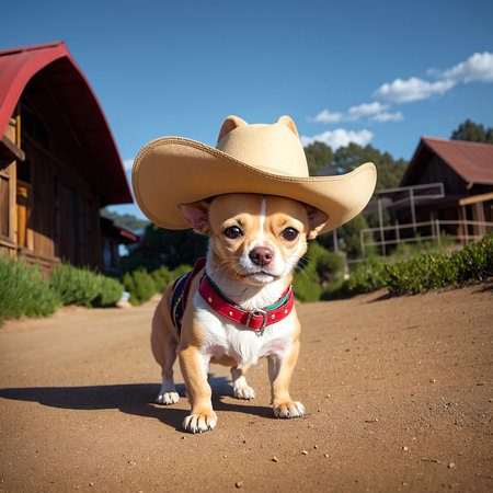 A cute chihuahua wearing a cowboy hat. Created with Generative AI.の素材