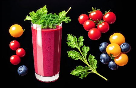 Glass of fresh smoothie with fruits and vegetables on a black backgroundの素材