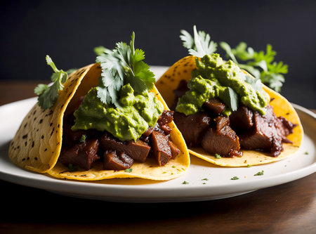 Mexican beef tacos with guacamole and cilantro.の素材