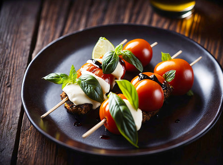 Fresh cherry tomatoes, basil leaves, and bite-sized mozzarella balls skewered together and drizzled with a tangy balsamic glaze. Background depicts a trendy farm-to-table restaurant with an open kitchen. Created with Generative AI.の素材
