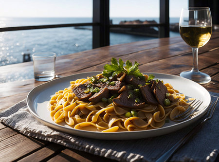 Tender beef strips and egg noodles in a creamy sauce with mushrooms and onions. Created with Generative AI.の素材