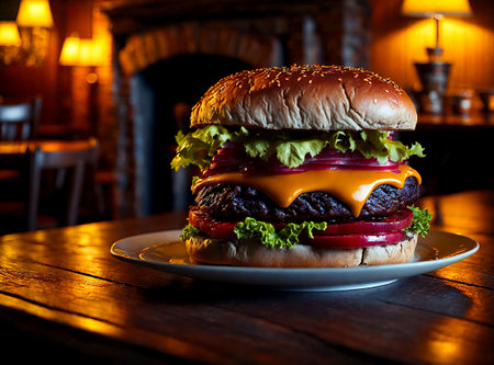 Juicy grilled cheeseburger served with a side of french fries. Background depicts a historic tavern with a fireplace and old-world charm. Created with Generative AI.の素材