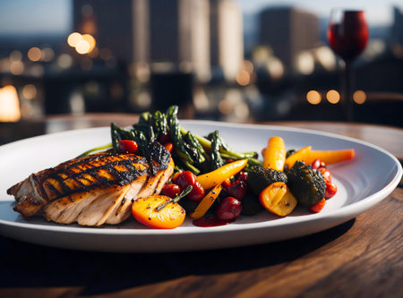 Juicy grilled chicken served with a colorful medley of roasted vegetables. Created with Generative AI.の素材