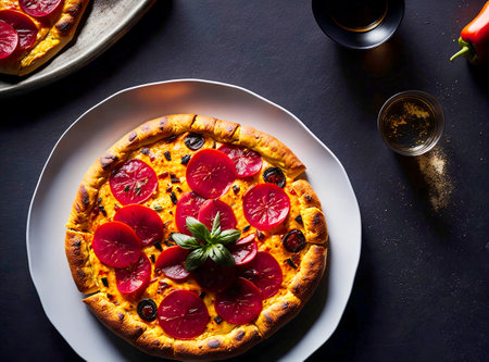 A wood-fired pizza topped with peppers and meat. Background depicts a rooftop garden. Created with Generative AI.の素材