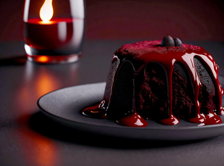 A decadent chocolate lava cake with a gooey, molten center, served with a scoop of creamy vanilla ice cream. Created with Generative AI.の素材