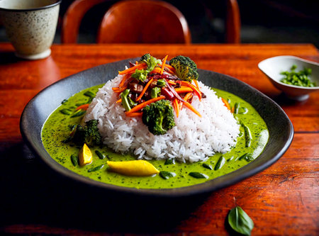 A fragrant Thai green curry with mixed vegetables and fluffy jasmine rice. Created with Generative AI.の素材