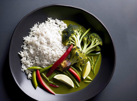 A fragrant Thai green curry with mixed vegetables and fluffy jasmine rice. Created with Generative AI.の素材