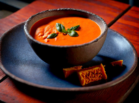 A classic pairing of creamy tomato soup and crispy grilled cheese sandwich. Background depicts a charming sidewalk cafe with outdoor seating. Created with Generative AI.の素材