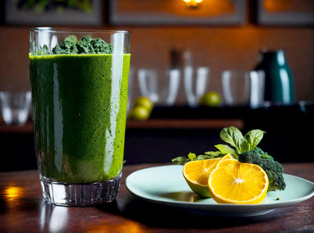 A nutrient-packed smoothie made with kale, pineapple, banana, and almond milk, sweetened with a bit of honey. Background depicts a trendy farm-to-table restaurant with an open kitchen. Created with Generative AI.の素材