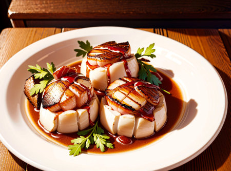 Tender sea scallops wrapped in crispy bacon and seared to perfection, served with a zesty lemon aioli dipping sauce. Background depicts a tasting room at a local brewery. Created with Generative AI.の素材