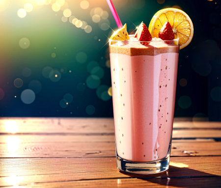 A delicious and creamy smoothie made with fresh strawberries, banana, almond milk, and a touch of honey. Background depicts a casual BBQ joint with outdoor picnic tables. Created with Generative AI.の素材