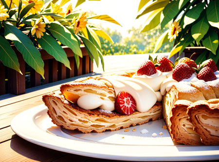 A light and fruity dessert featuring a flaky pastry crust filled with creamy pastry cream and topped with fresh seasonal fruits. Background depicts a casual BBQ joint with outdoor picnic tables. Created with Generative AI.の素材