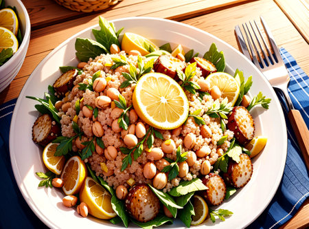 A refreshing salad made with quinoa, chickpeas, baby spinach, cherry tomatoes, and red onion, tossed with a zesty lemon dressing. Background depicts a casual BBQ joint with outdoor picnic tables. Created with Generative AI.の素材