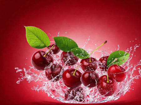 Cherry with water splash on a red background. Fresh fruit.の素材