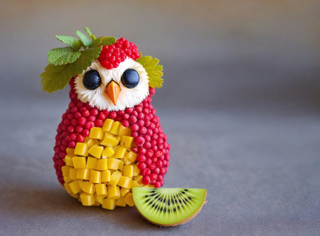 Cute owl made of fruits and berries on a grey background.の素材