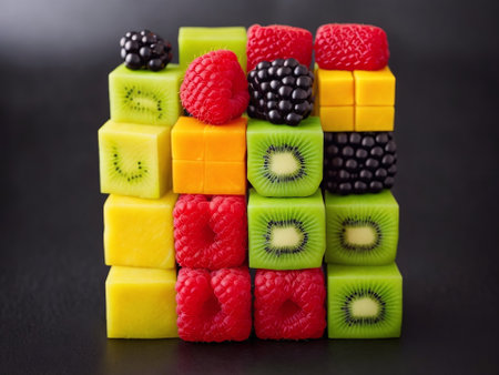 Pile of colorful fruit cubes with blackberries, raspberries and kiwiの素材