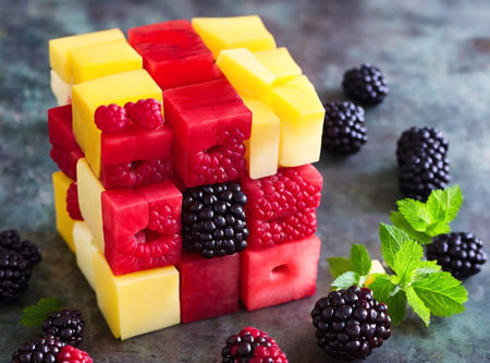 Fruit salad with mango, raspberries and blackberries, selective focusの素材