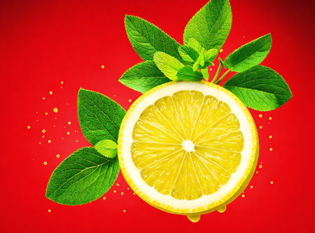 Sliced lemon with mint leaves on a red background with dropsの素材