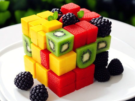 Fruit cube on white plate, close-up, selective focusの素材
