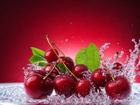 Fresh cherries in water with splash and drops on red background.の素材